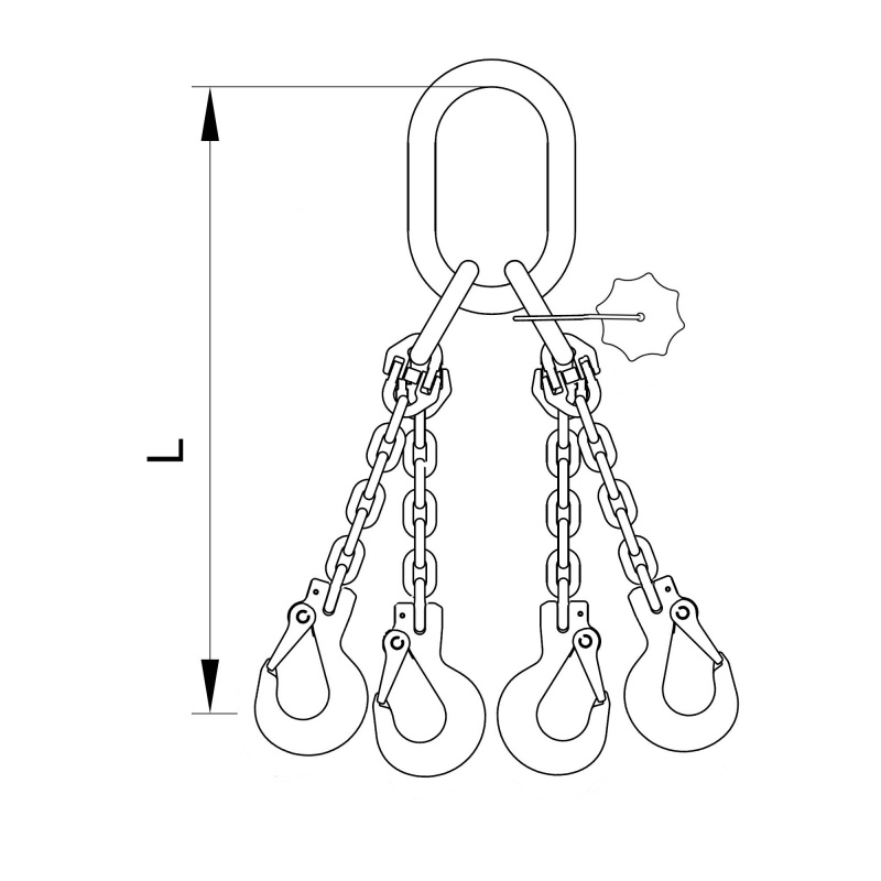 Vázací 4 x řetěz  T8 oko-hák  1m  2,36 tun (0˚- 45˚) / 1,7 tun (45˚- 60˚)