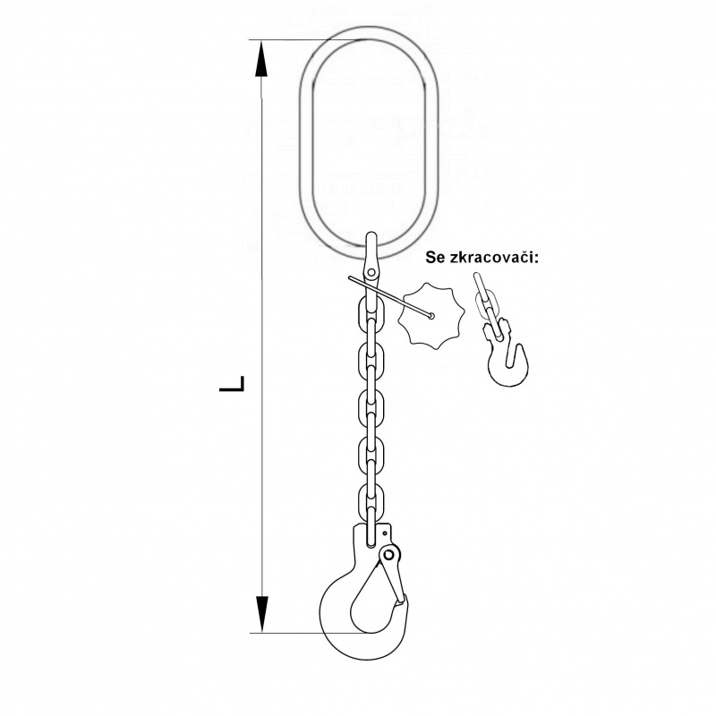 Vázací 1 x řetěz  T8 velké oko - hák se zkrac. háky  2,5m  3,15 tun