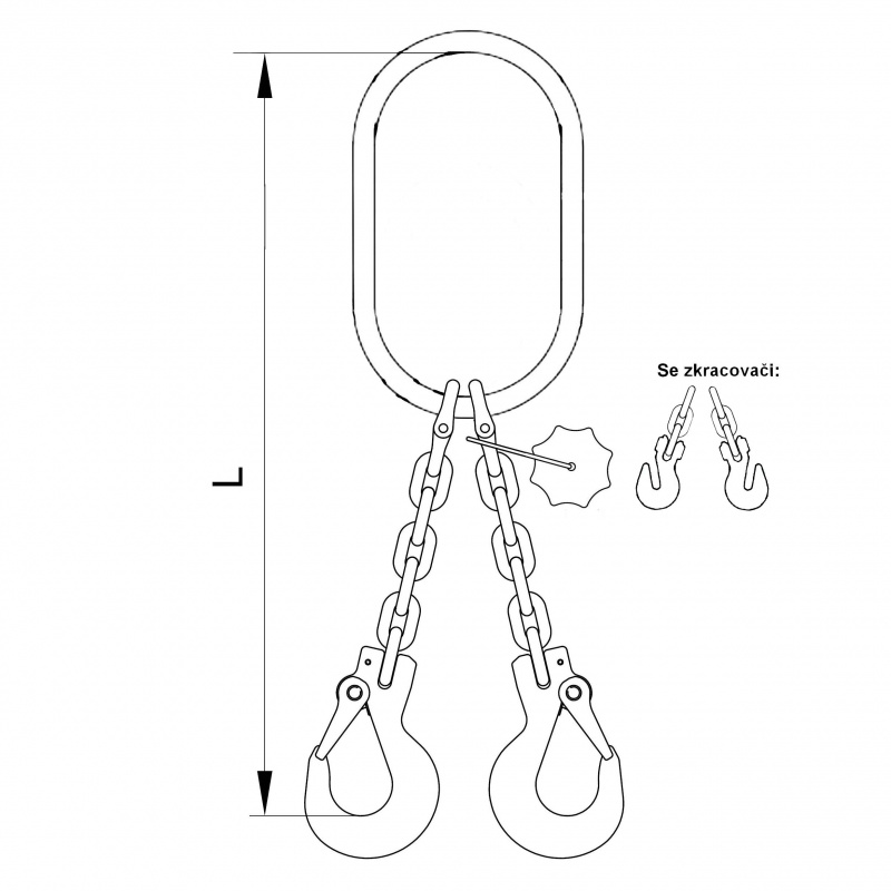 Vázací 2x řetěz  T8 velké oko - hák se zkrac. háky  3,5m  1,6 tun (0˚- 45˚) / 1,12 tun (45˚- 60˚)