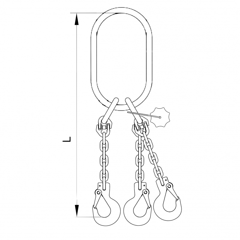 Vázací 3 x řetěz  T8 velké oko-hák se zkrac. háky  1,5m  4,25 tun (0˚- 45˚) / 3  tuny (45˚- 60˚)