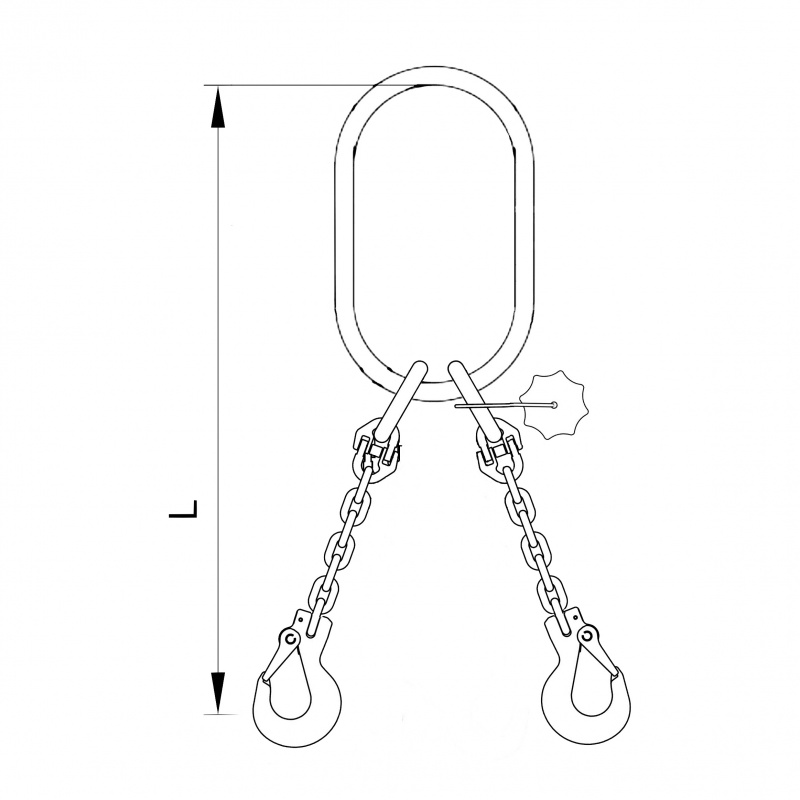 Vázací 2x řetěz  T8 velké oko-hák  1,5m  7,5 tun (0˚- 45˚) / 5,3 tun (45˚- 60˚)
