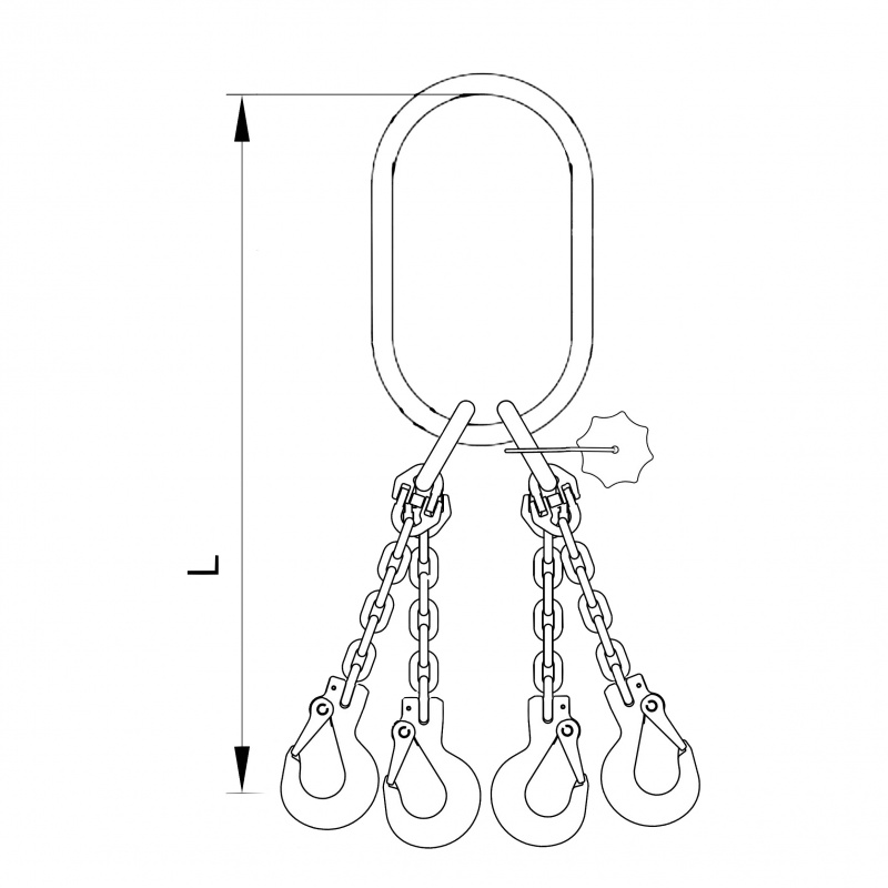 Vázací 4 x řetěz  T8 velké oko-hák  3m  6,7 tun (0˚- 45˚) / 4,75 tun (45˚- 60˚)