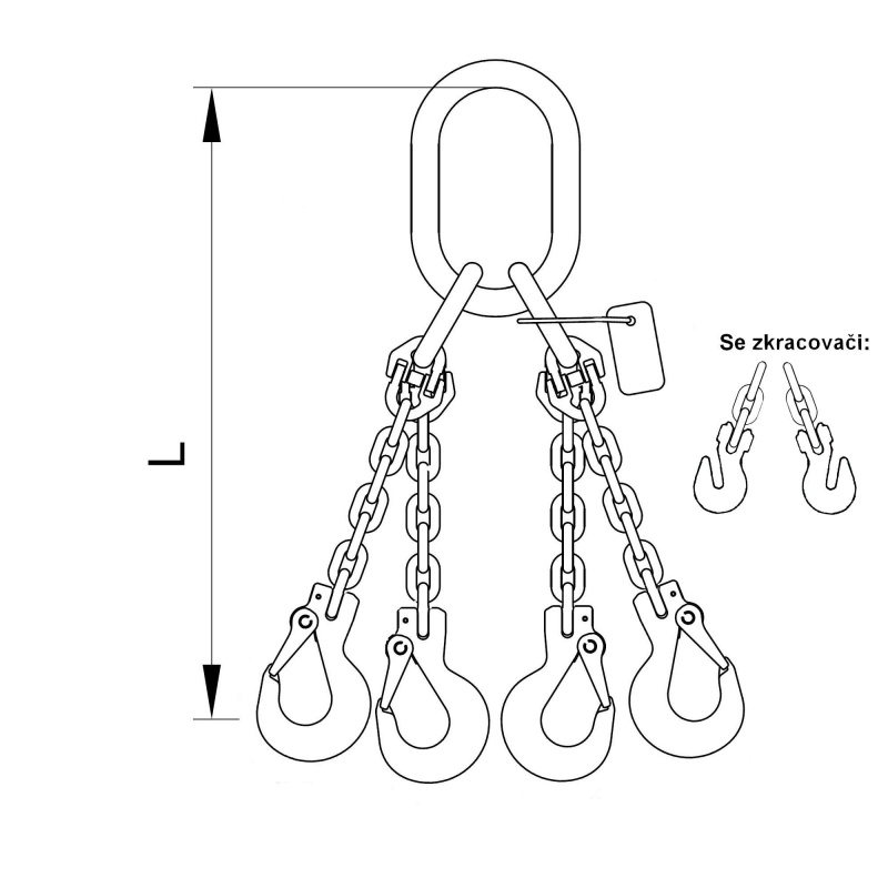Vázací 4 x řetěz  T8 oko-hák se zkrac. háky  1m  4,25 tun (0˚- 45˚) / 3  tuny (45˚- 60˚)