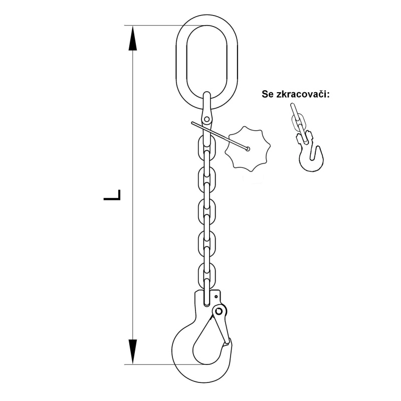 Vázací 1 x řetěz  T8 oko-hák se zkrac. háky  2m 5,3 tun