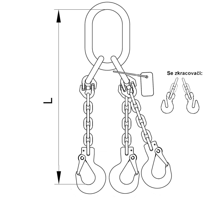 Vázací 3 x řetěz  T8 oko-hák se zkrac. háky  3m  4,25 tun (0˚- 45˚) / 3  tuny (45˚- 60˚)
